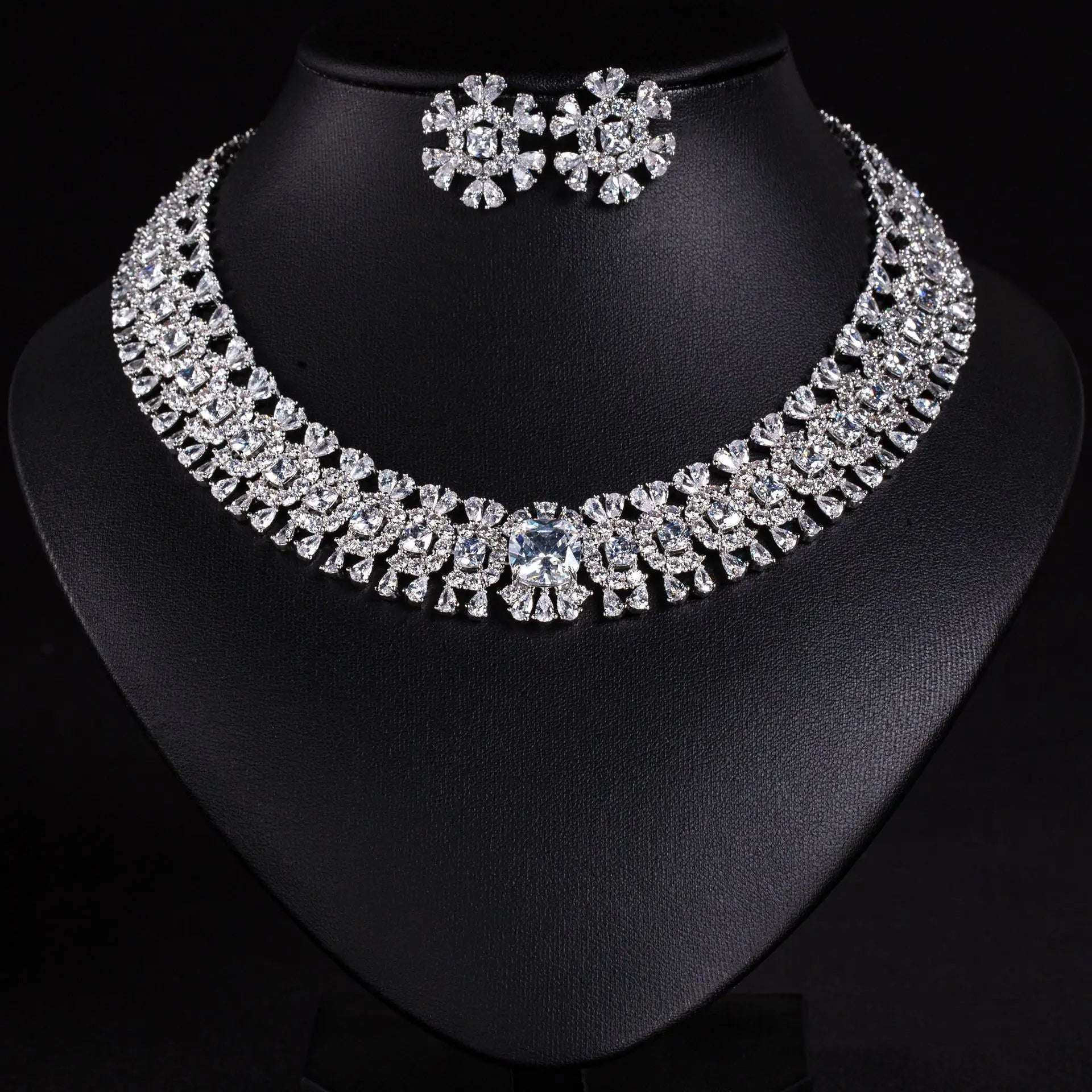 Sparkling Colourful Niche Delicate Flower Jewellery Necklace Earrings 2 Pcs Set Wedding Banquet Prom Bridal Women Dubai M - 586 - Luxory Prime