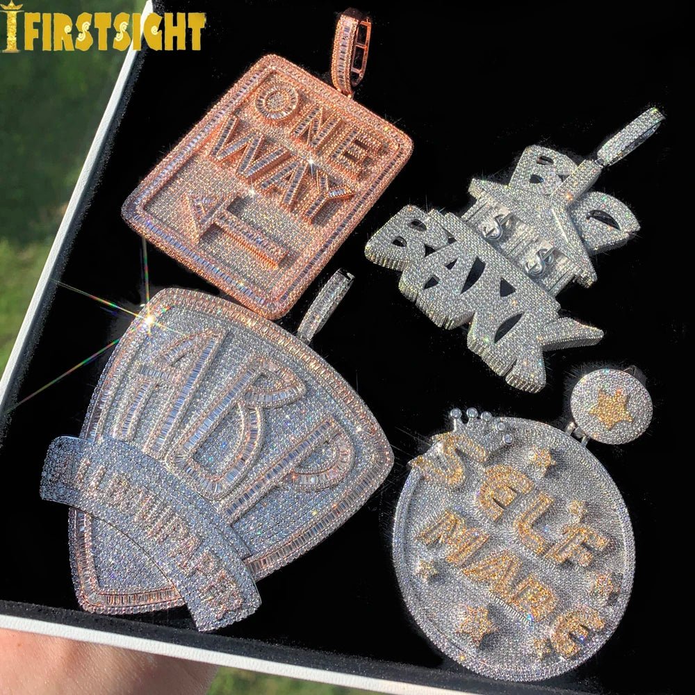 Iced Out Letter Heavy Chunk Big Pendant Necklace Bling CZ Cubic Zirconia Self Made Badge Charm Men Fashion Hip Hop Jewelry - Luxory Prime