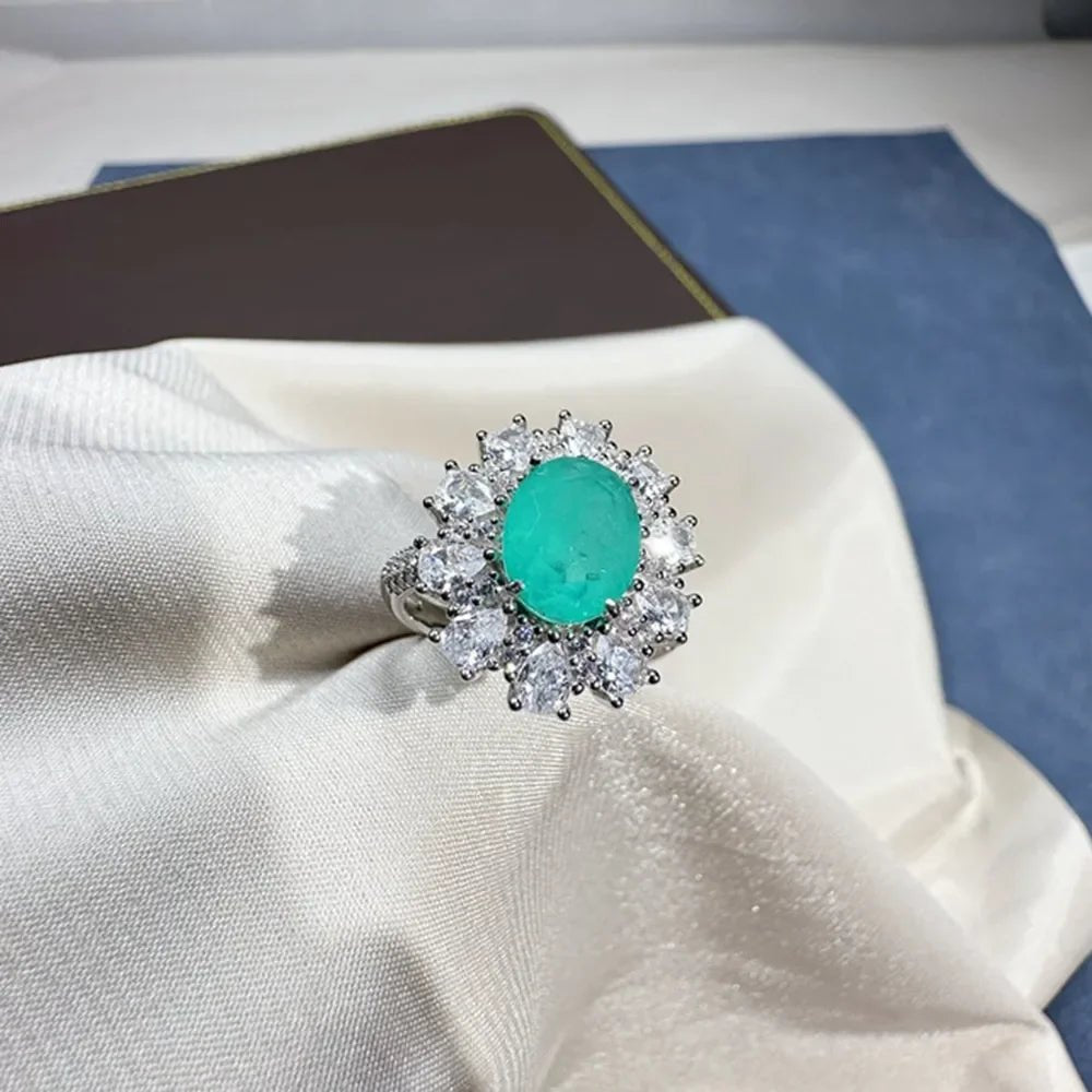 Vintage 925 Sterling Silver Ring 8*10MM Oval Lab Paraiba Tourmaline Gemstone - Luxory Prime